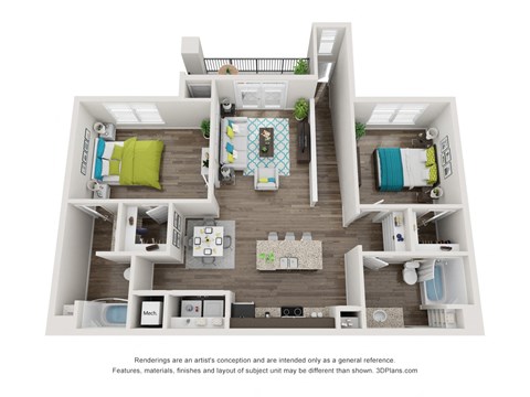 Floor plan for 2 beds, 2 baths, 1126 sqft